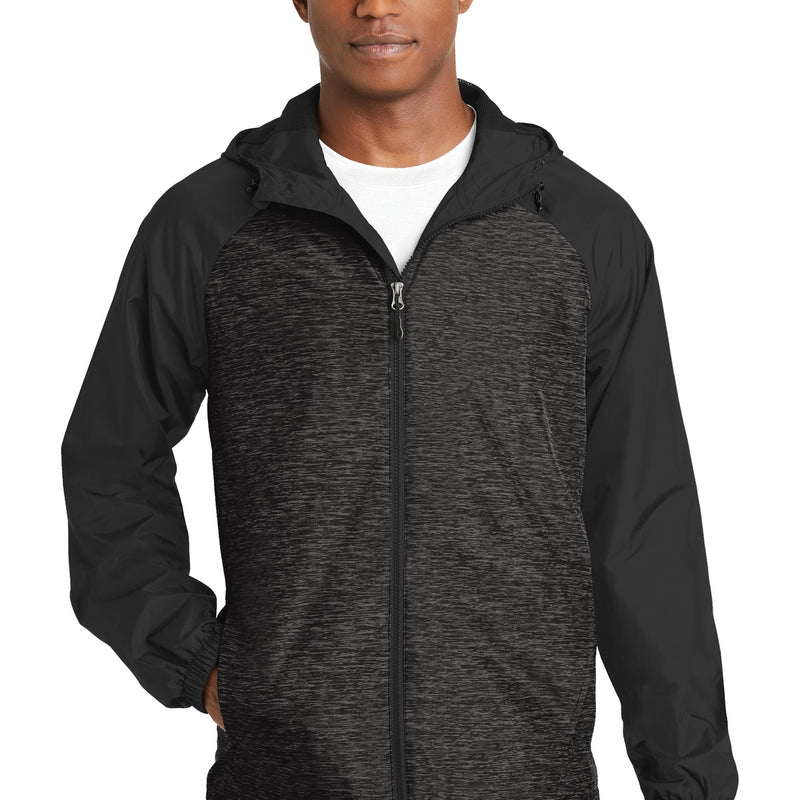 Sport-Tek® Heather Colorblock Raglan Hooded Wind Jacket.