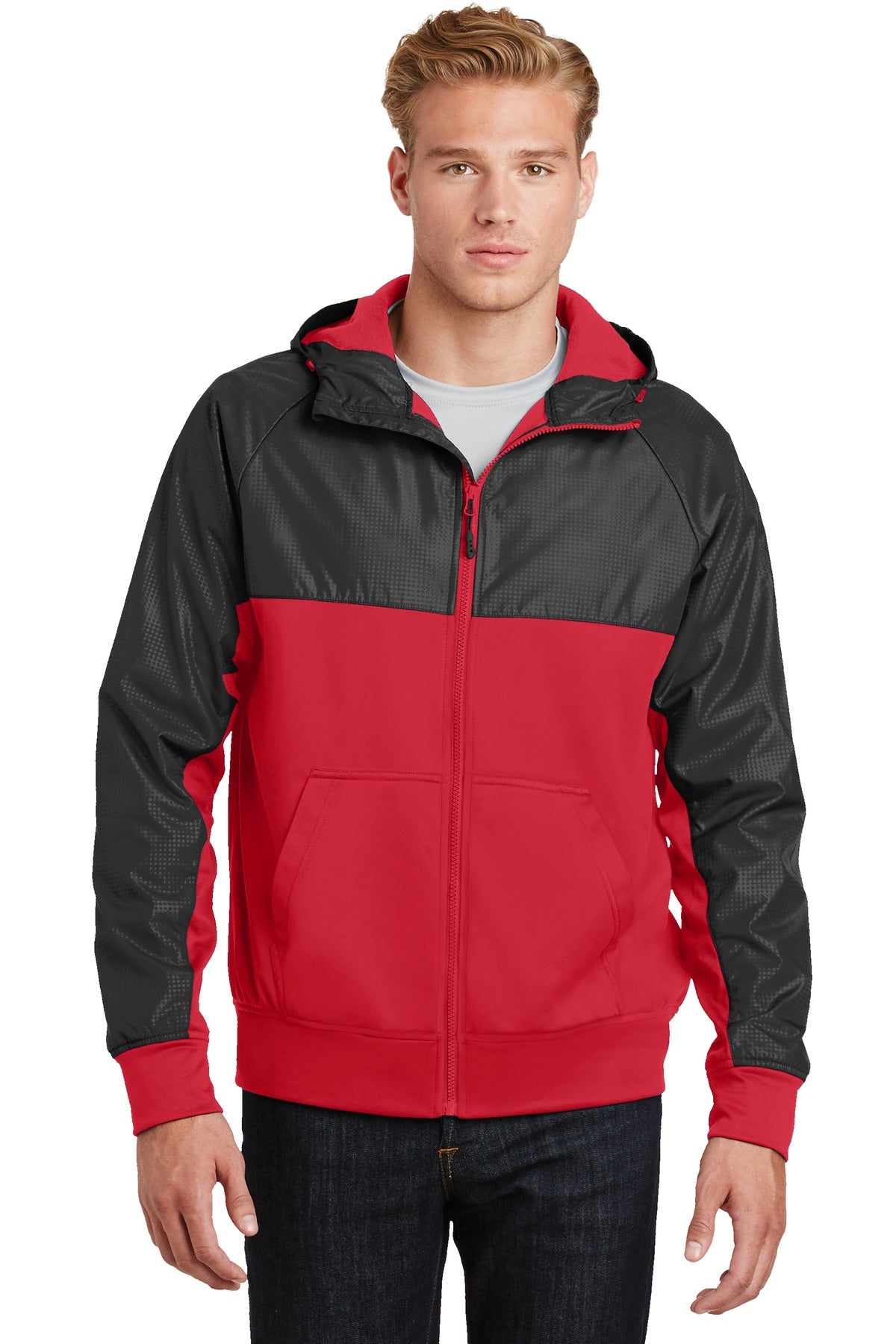 DISCONTINUED Sport-Tek® Embossed Hybrid Full-Zip Hooded Jacket.