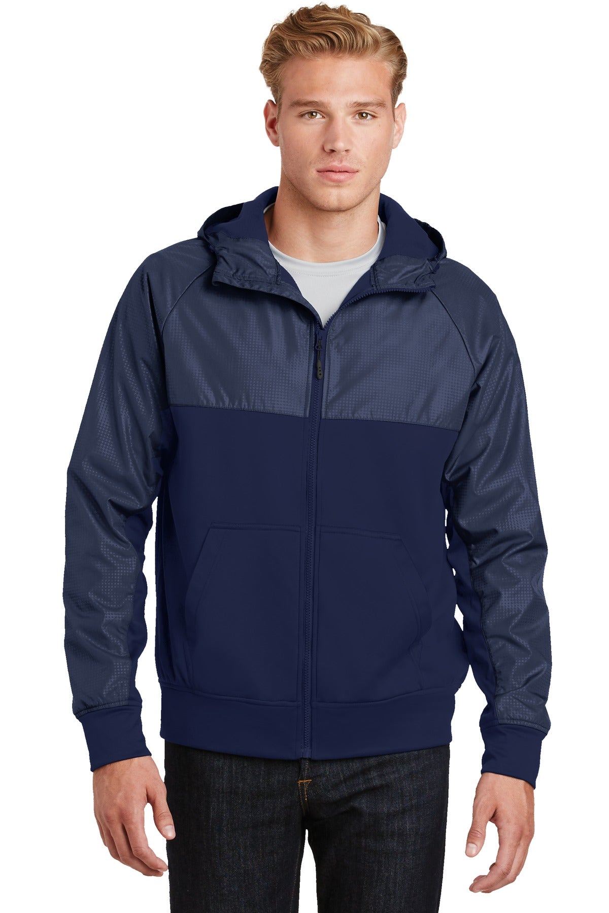 DISCONTINUED Sport-Tek® Embossed Hybrid Full-Zip Hooded Jacket.