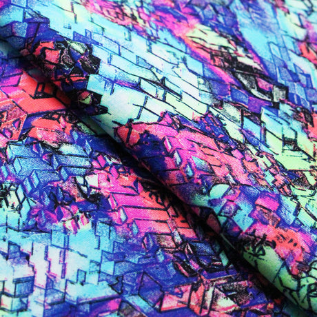 Montage Nylon Spandex Fabric - Jewel/Purple Multicolor Cube Print, Geometric Pattern, 58/60" Width (1 Yard)