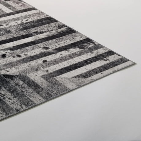 Geometric Vegan Hide Patchwork Printed Rug - Vertical Lines Design, Gray Beige Ivory, Area Rug (5' X 7')