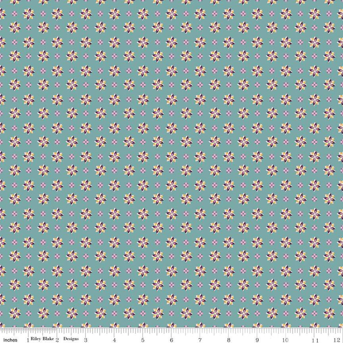Cotton Print Juju's Petals Calico Teal Fabric 43/44"