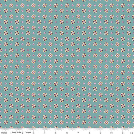 Cotton Print Juju's Petals Calico Teal Fabric 43/44"