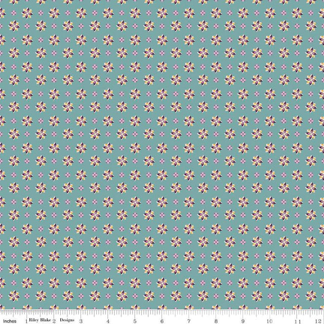 Cotton Print Juju's Petals Calico Teal Fabric 43/44"