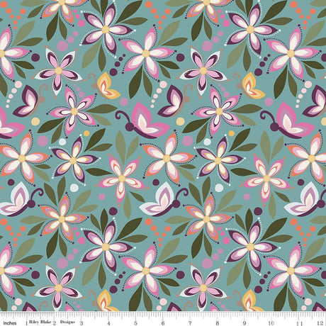 Cotton Print Juju's Petals Main Teal Fabric