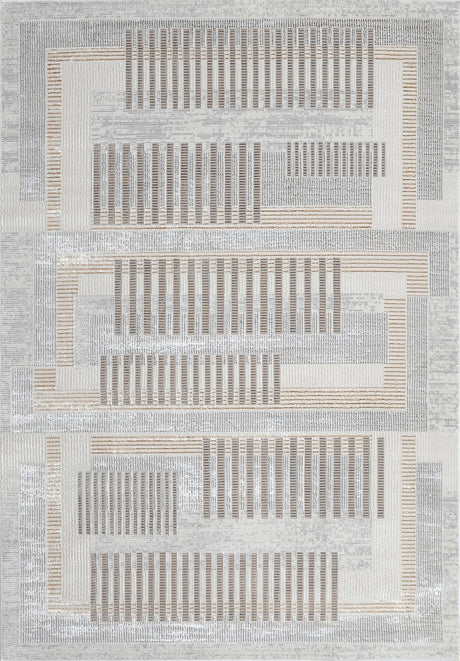KAI 204 Polyester Fabric - Cream-Based Bronze, Ivory, Grey Geometric Detailing, 5' 3" x 7' 4", 7' 9" x 10' 9", 10' x 13' (3 Sizes)