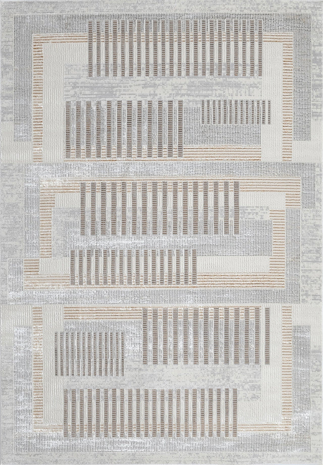 KAI 204 Polyester Fabric - Cream-Based Bronze, Ivory, Grey Geometric Detailing, 5' 3" x 7' 4", 7' 9" x 10' 9", 10' x 13' (3 Sizes)