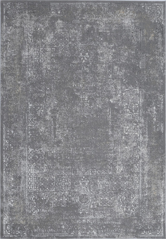 KAI 205 Polyester Fabric - Charcoal Grey High-Low Rug, Elegant Silver Oriental Design, Bronze Touches (3 Sizes)