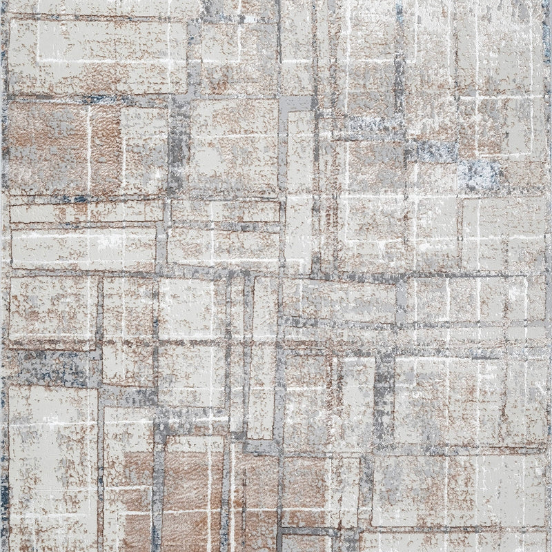 KAI 208 Polyester Rug - Cream Bronze Geometric Abstract Pattern, Blue Ivory Charcoal Gray (3 Sizes)