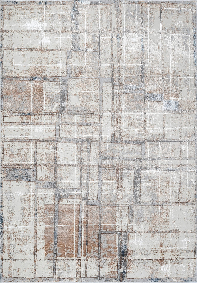 KAI 208 Polyester Rug - Cream Bronze Geometric Abstract Pattern, Blue Ivory Charcoal Gray (3 Sizes)
