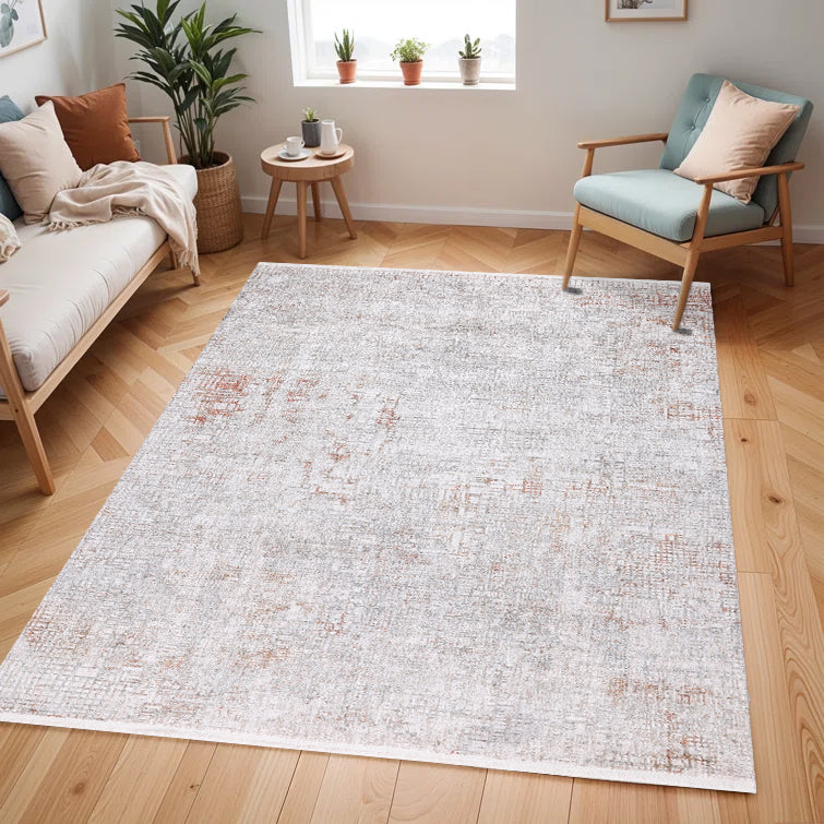 KAI 301 Polyester Rug - Abstract Cream With Brick Orange And Earth-Tone Accents, Machine Made, Cotton Backing (3 Sizes)