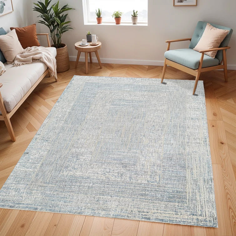 KAI 302 Polyester Fabric - Cream Geometric Blue, Silver, Charcoal Accents, High-Low Texture (1 Unit)