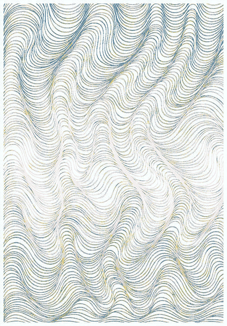 KAI 304 Polyester Fabric - Cream Rug With Blue, Gold-Brown & Silver Viscose Swirl Accents, Machine Made (5' 3" X 7' 4" / 7' 9" X 10' 9" / 10' X 13")