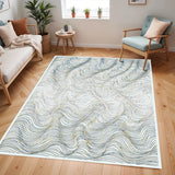 KAI 304 Polyester Fabric - Cream Rug With Blue, Gold-Brown & Silver Viscose Swirl Accents, Machine Made (5' 3" X 7' 4" / 7' 9" X 10' 9" / 10' X 13")