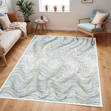 KAI 304 Polyester Fabric - Cream Rug With Blue, Gold-Brown & Silver Viscose Swirl Accents, Machine Made (5' 3" X 7' 4" / 7' 9" X 10' 9" / 10' X 13")