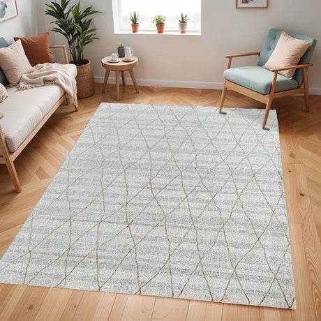 KAI 305 Polyester Fabric - Cream High-Low Texture, Blue Gray Gold-Brown Argyle Design, 5' 3" X 7' 4", 7' 9" X 10' 9", 10' X 13' (1 Unit)
