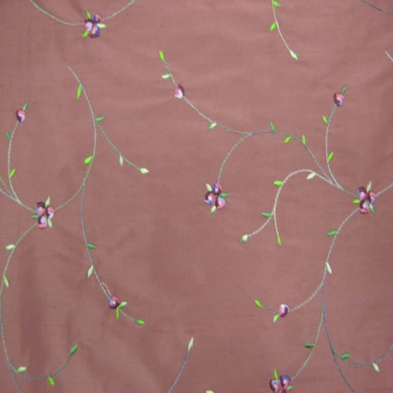 Kala Floral Embroidered Silk Dupioni Fabric - Aubergine, Blossom, Butter, Champagne, Oyster, Sage, 54" Width (1 Yard)