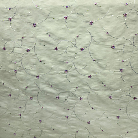 Kala Floral Embroidered Silk Dupioni Fabric - Aubergine, Blossom, Butter, Champagne, Oyster, Sage, 54" Width (1 Yard)