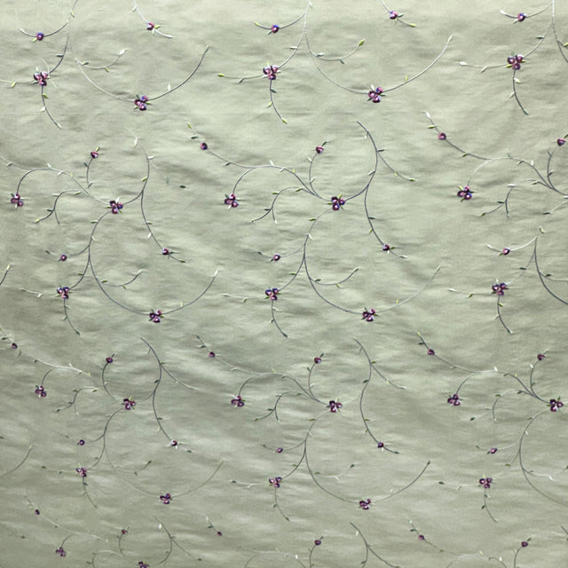 Kala Floral Embroidered Silk Dupioni Fabric - Aubergine, Blossom, Butter, Champagne, Oyster, Sage, 54" Width (1 Yard)