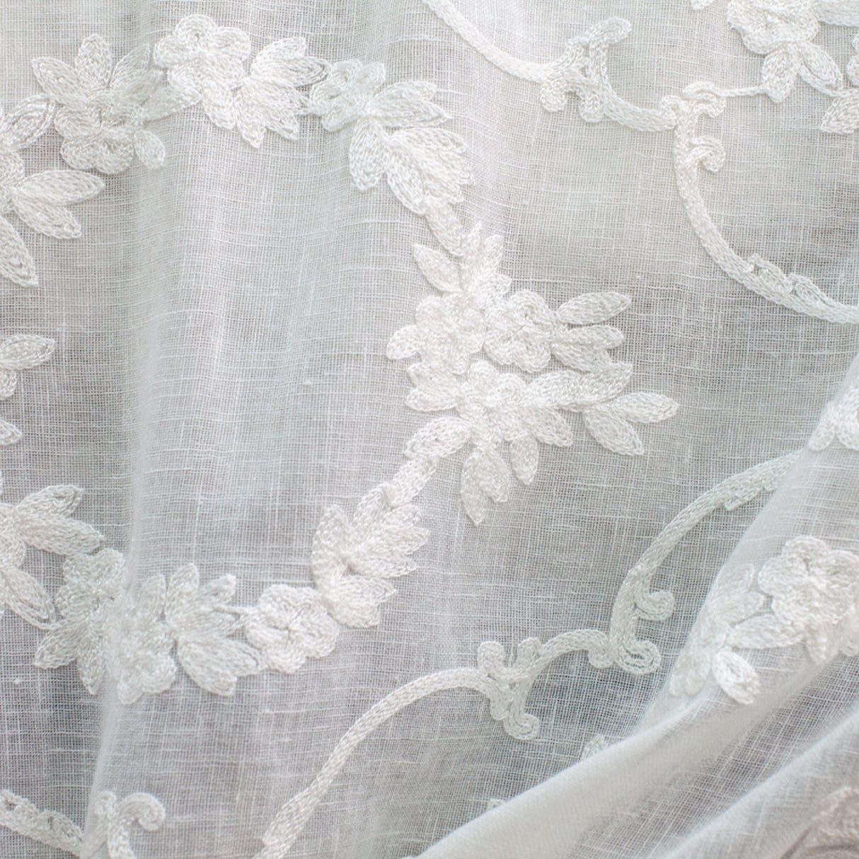 Kelly Embroidered Floral Sheer Polyester Fabric - Beige, Gray, Ivory, White, Flax, 110" Width (1 Yard)