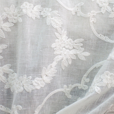 Kelly Embroidered Floral Sheer Polyester Fabric - Beige, Gray, Ivory, White, Flax, 110" Width (1 Yard)