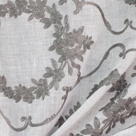 Kelly Embroidered Floral Sheer Polyester Fabric - Beige, Gray, Ivory, White, Flax, 110" Width (1 Yard)