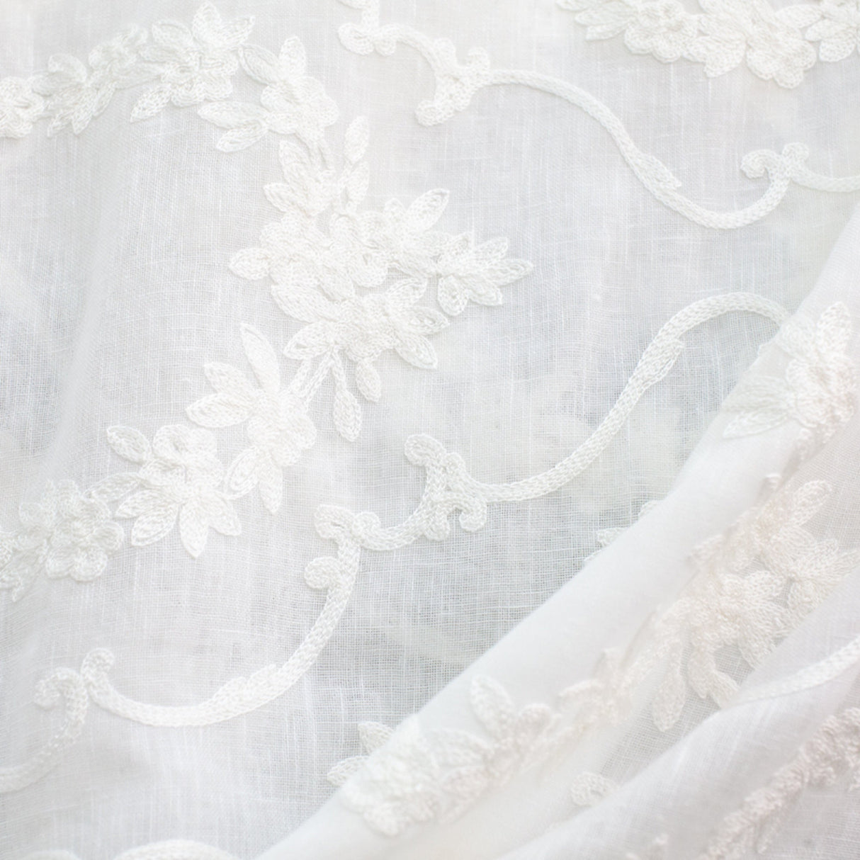 Kelly Embroidered Floral Sheer Polyester Fabric - Beige, Gray, Ivory, White, Flax, 110" Width (1 Yard)
