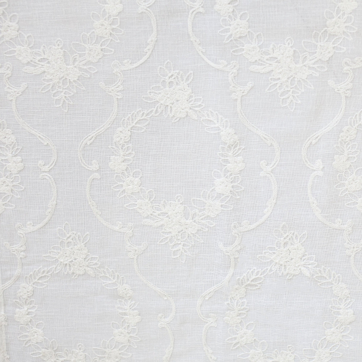 Kelly Embroidered Floral Sheer Polyester Fabric - Beige, Gray, Ivory, White, Flax, 110" Width (1 Yard)