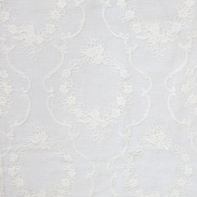 Kelly Embroidered Floral Sheer Polyester Fabric - Beige, Gray, Ivory, White, Flax, 110" Width (1 Yard)