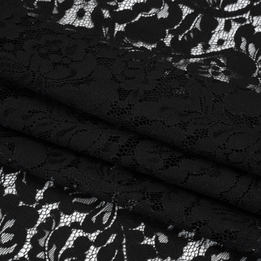 Cotton Blend Raschel Lace Panel with Finished Edges - Black Flowers and Leaves