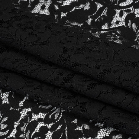Cotton Blend Raschel Lace Panel with Finished Edges - Black Flowers and Leaves