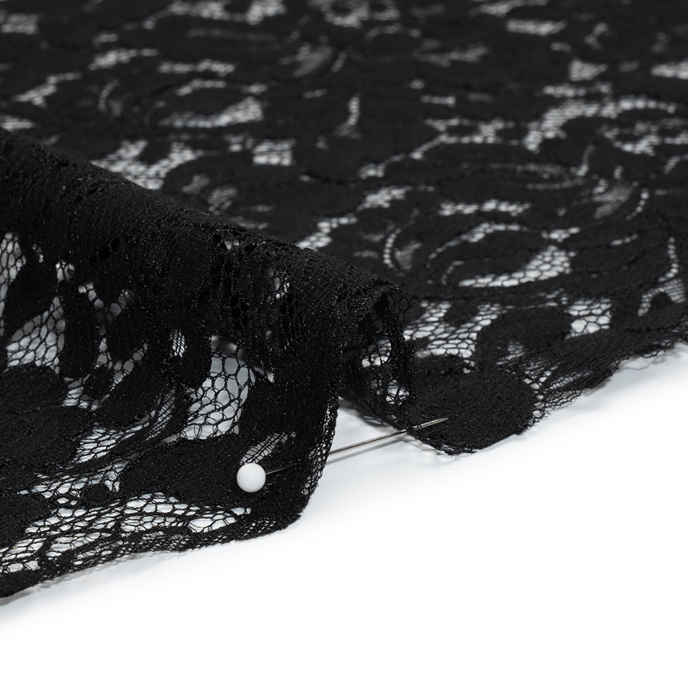 Cotton Blend Raschel Lace Panel with Finished Edges - Black Flowers and Leaves