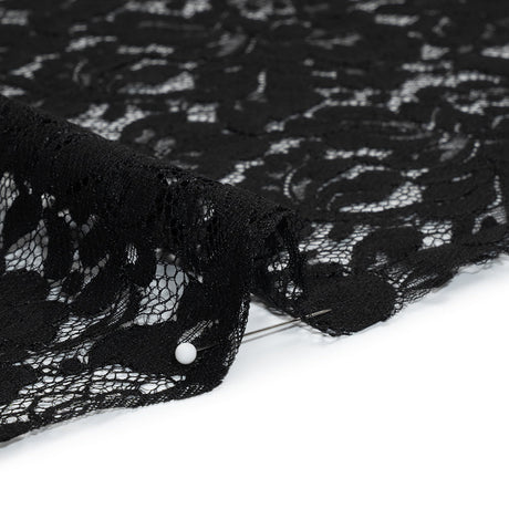 Cotton Blend Raschel Lace Panel with Finished Edges - Black Flowers and Leaves