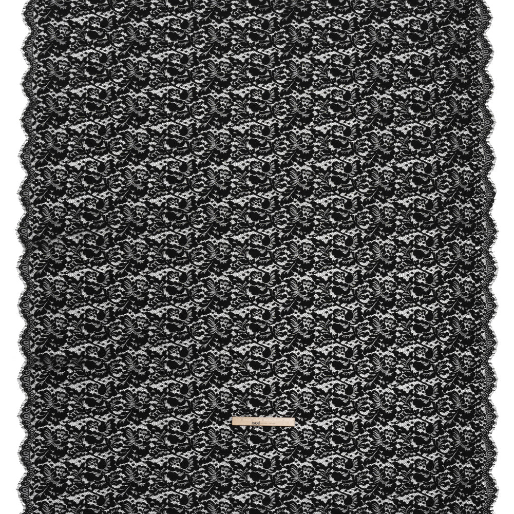 Cotton Blend Raschel Lace Panel with Finished Edges - Black Flowers and Leaves