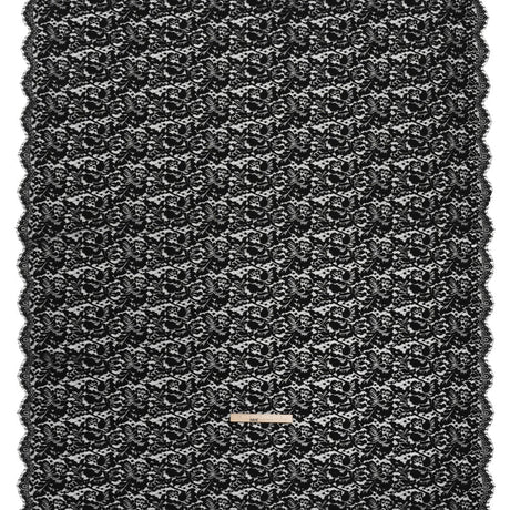 Cotton Blend Raschel Lace Panel with Finished Edges - Black Flowers and Leaves