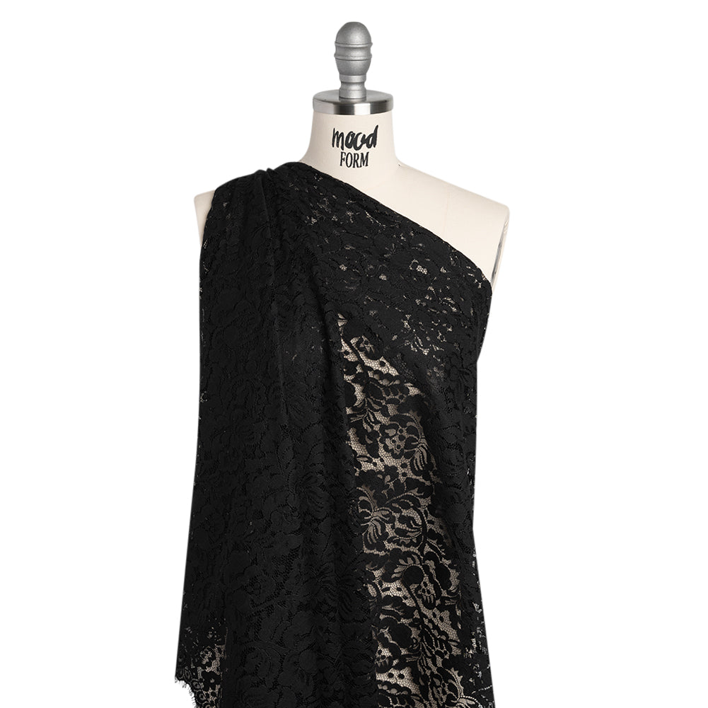 Cotton Blend Raschel Lace Panel with Finished Edges - Black Flowers and Leaves