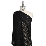 Cotton Blend Raschel Lace Panel with Finished Edges - Black Flowers and Leaves