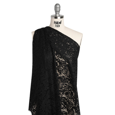 Cotton Blend Raschel Lace Panel with Finished Edges - Black Flowers and Leaves
