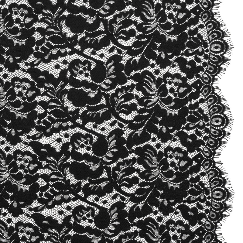 Cotton Blend Raschel Lace Panel with Finished Edges - Black Flowers and Leaves