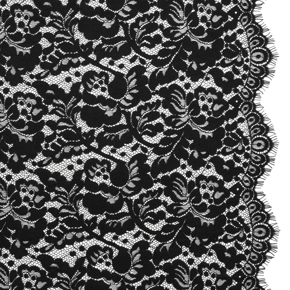 Cotton Blend Raschel Lace Panel with Finished Edges - Black Flowers and Leaves