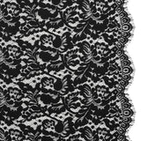 Cotton Blend Raschel Lace Panel with Finished Edges - Black Flowers and Leaves