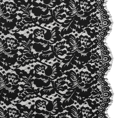 Cotton Blend Raschel Lace Panel with Finished Edges - Black Flowers and Leaves