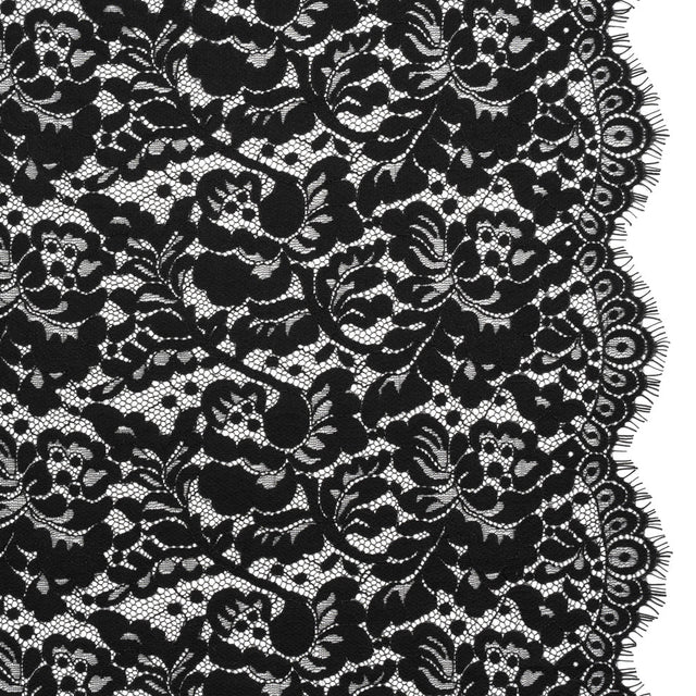 Cotton Blend Raschel Lace Panel with Finished Edges - Black Flowers and Leaves