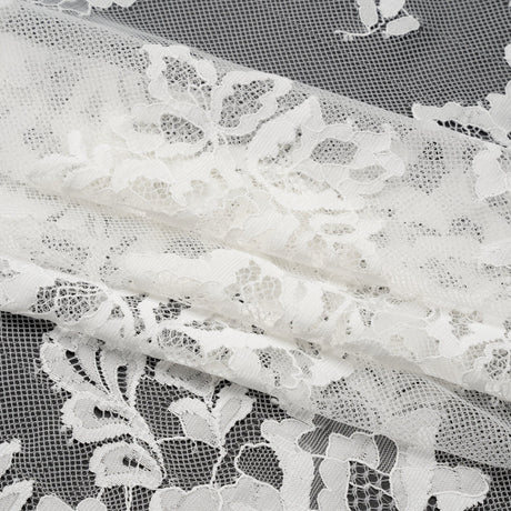 Nylon and Rayon Raschel Lace Panel with Finished Edges - Ivory Blooming Bunches and Borders