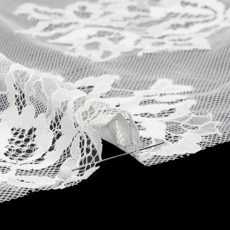 Nylon and Rayon Raschel Lace Panel with Finished Edges - Ivory Blooming Bunches and Borders