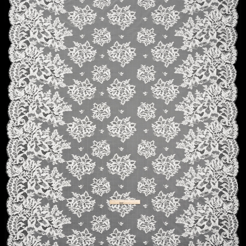 Nylon and Rayon Raschel Lace Panel with Finished Edges - Ivory Blooming Bunches and Borders
