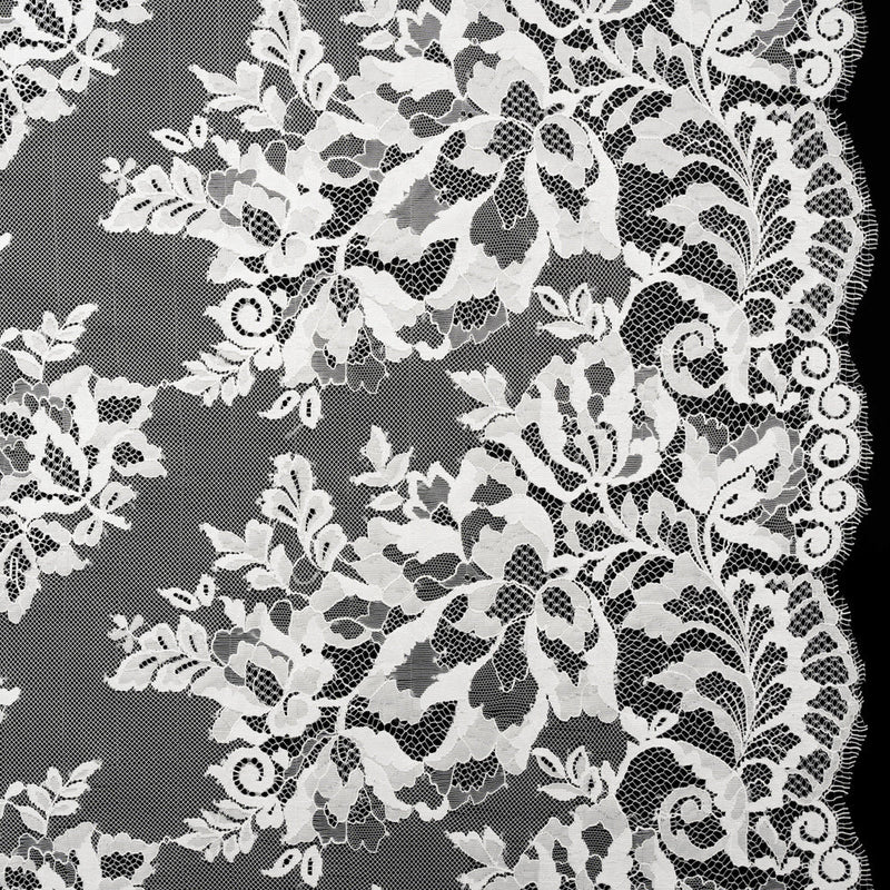 Nylon and Rayon Raschel Lace Panel with Finished Edges - Ivory Blooming Bunches and Borders