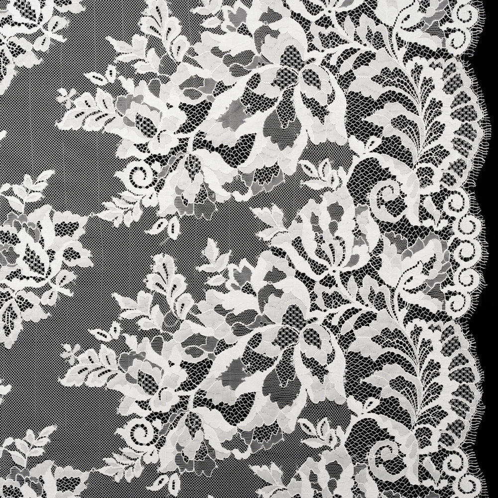 Nylon and Rayon Raschel Lace Panel with Finished Edges - Ivory Blooming Bunches and Borders