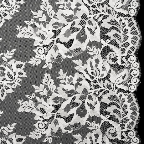 Nylon and Rayon Raschel Lace Panel with Finished Edges - Ivory Blooming Bunches and Borders