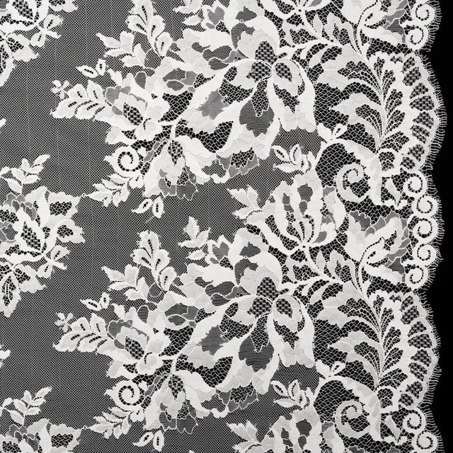Nylon and Rayon Raschel Lace Panel with Finished Edges - Ivory Blooming Bunches and Borders